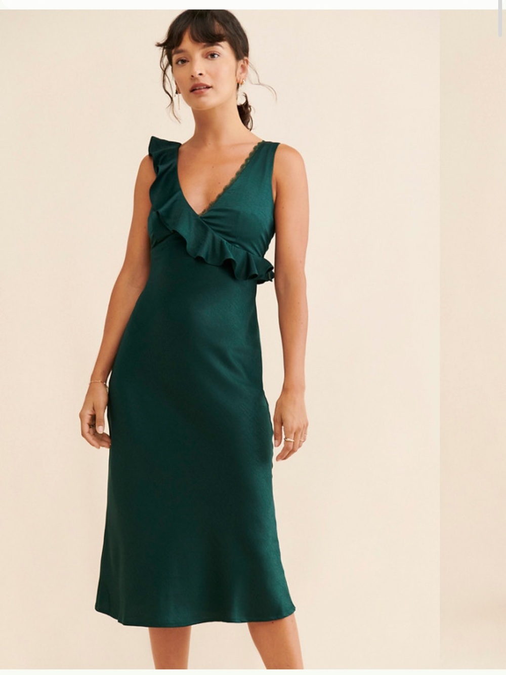Lost + Wander One-Shoulder Ruffle Dress in Forest Green